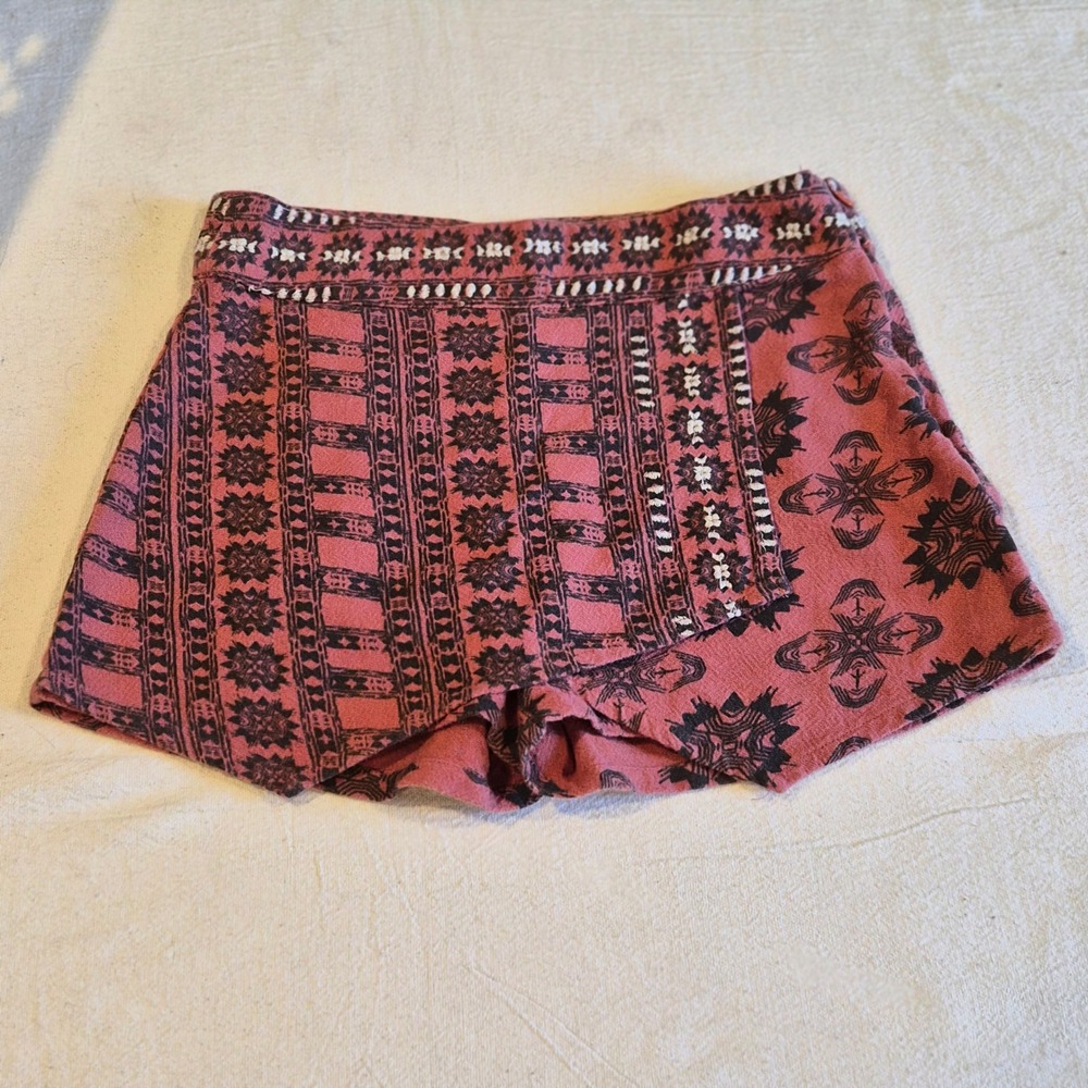 Free People Pink Black Geometric Print Embroidered Wrap Skort Womens 0